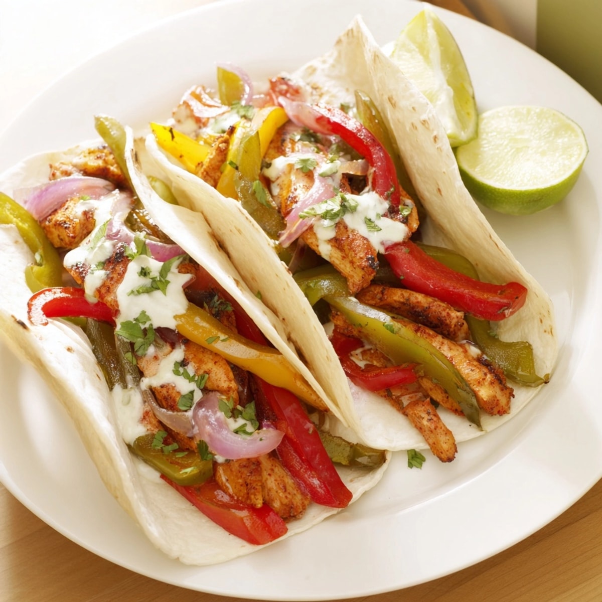 Sizzling Chicken Fajitas with Lime Crema: bright bell peppers, charred onions, juicy chicken.