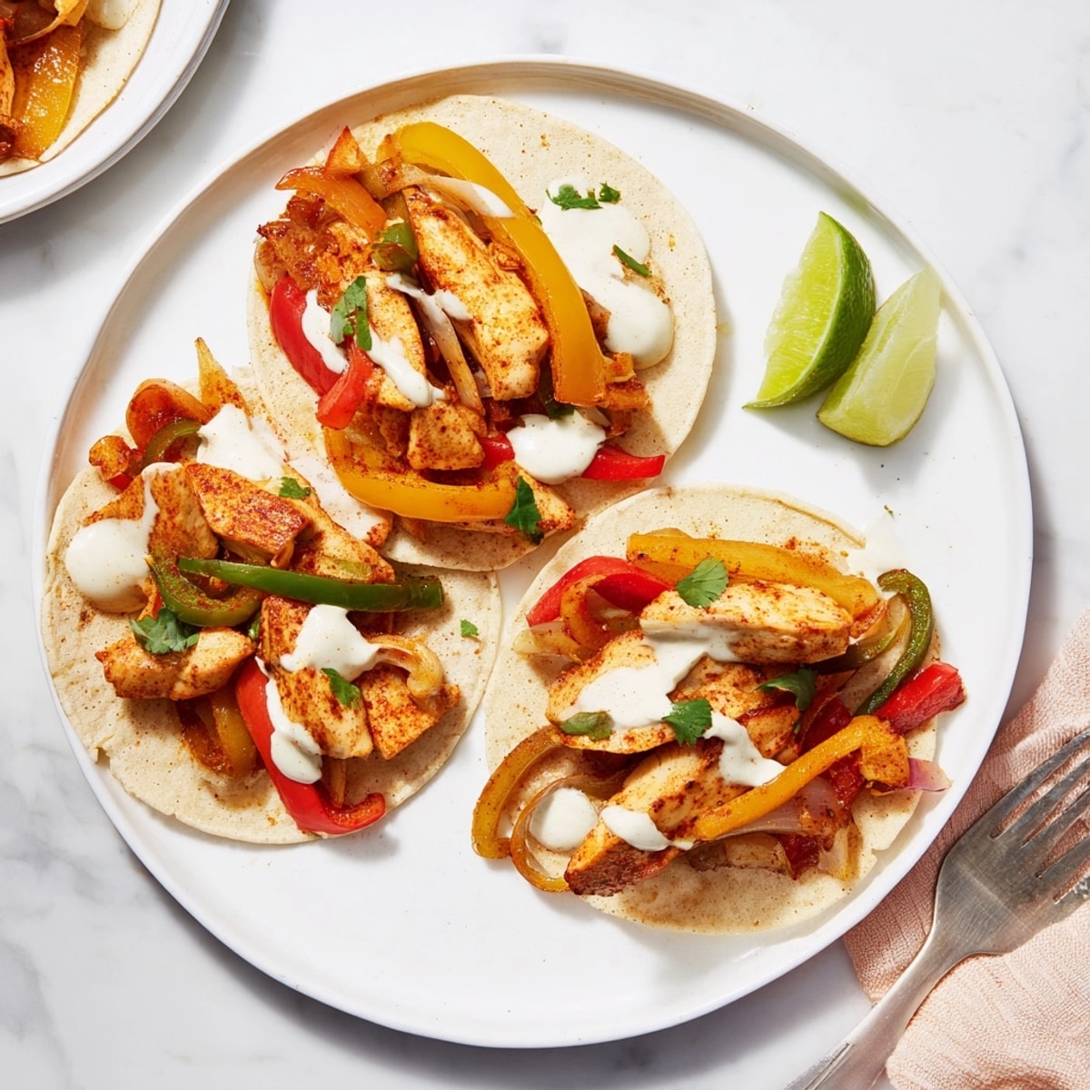 Skillet of freshly cooked Chicken Fajitas with Lime Crema, ready to be served hot.