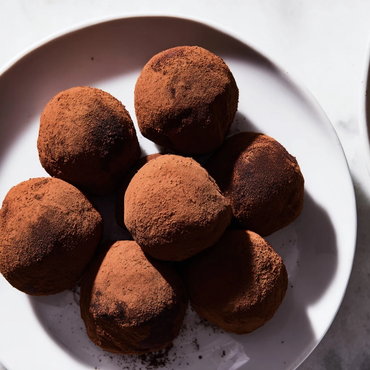 Decadent dark chocolate truffles, a rich dessert, dusted with cocoa powder for an elegant presentation.