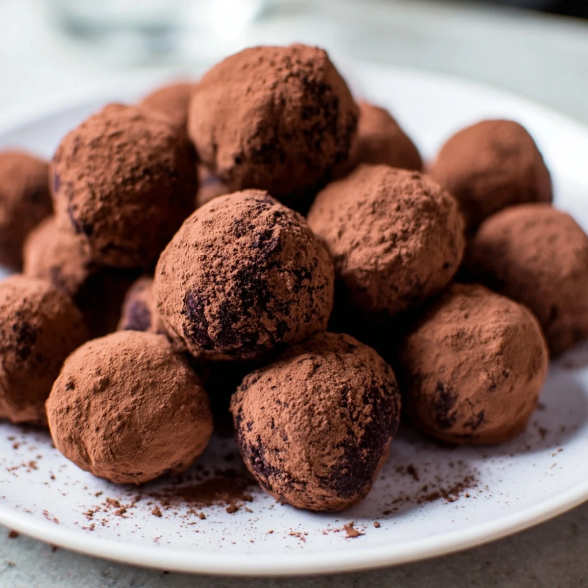 Homemade dark chocolate truffles, perfectly round and smooth, a delicious, bite-sized treat ready to serve.