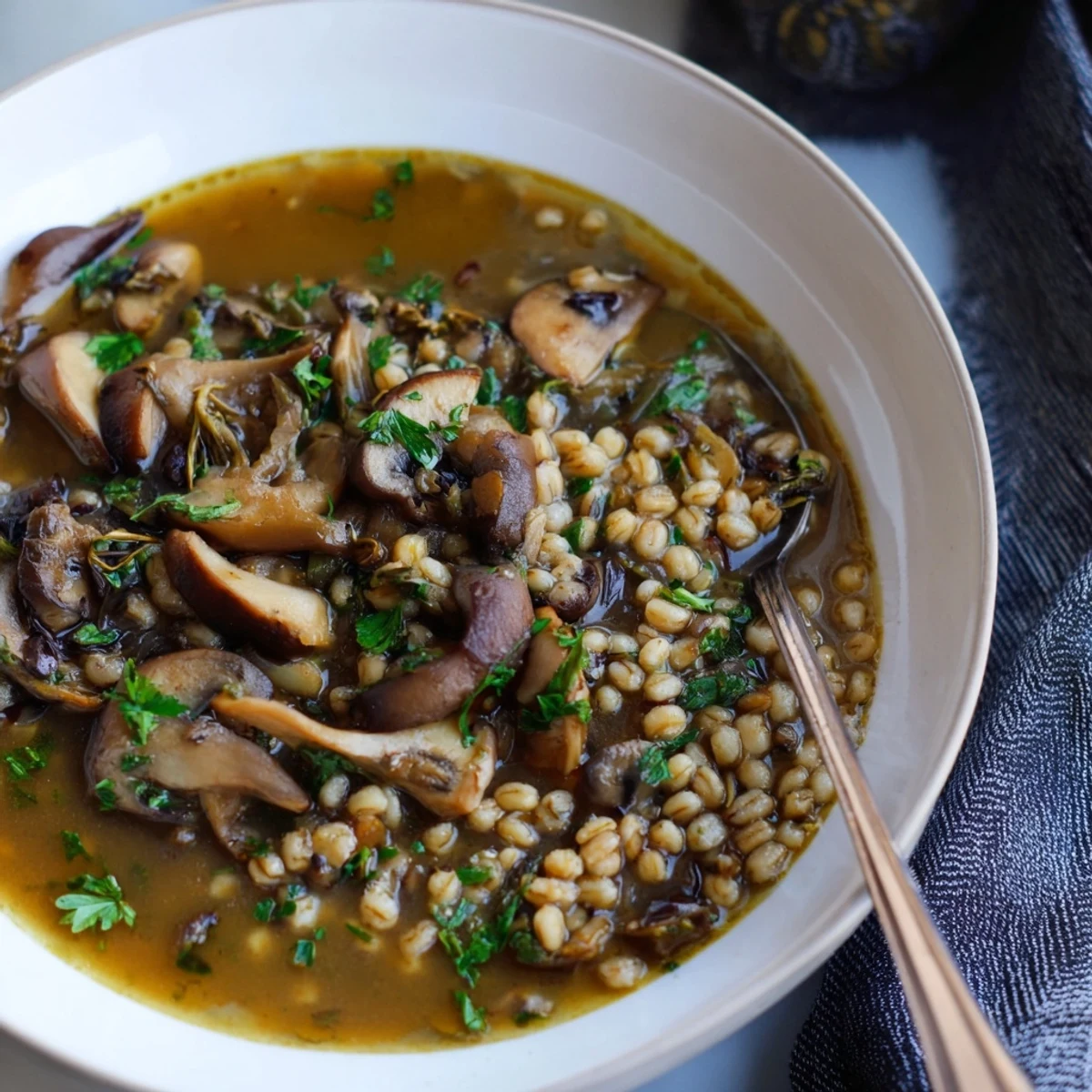 Steaming bowl of Wild Mushroom and Barley Soup, garnished with fresh parsley, ready to warm you.
