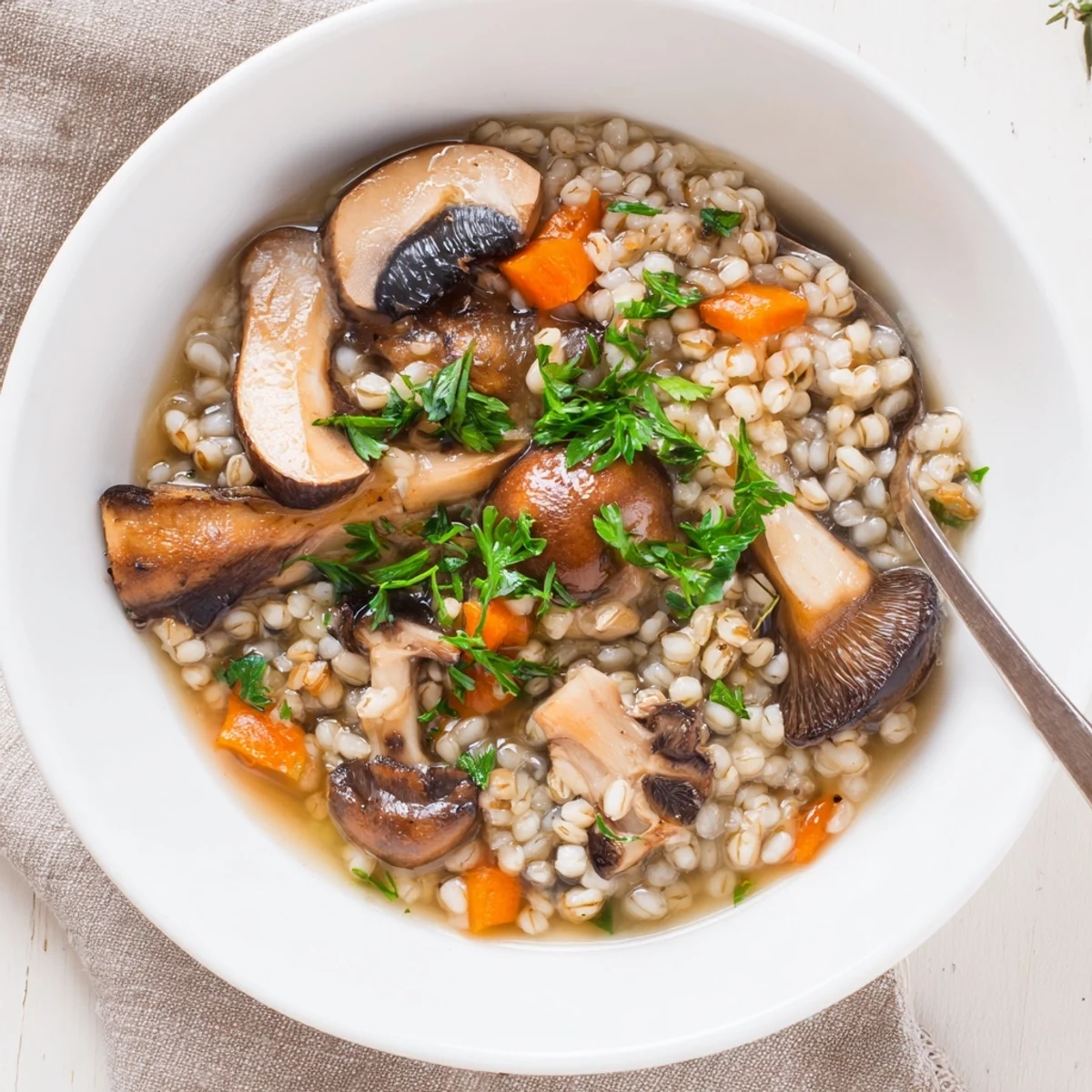 Rustic bowl filled with creamy Wild Mushroom and Barley Soup, ideal for a comforting vegetarian meal.