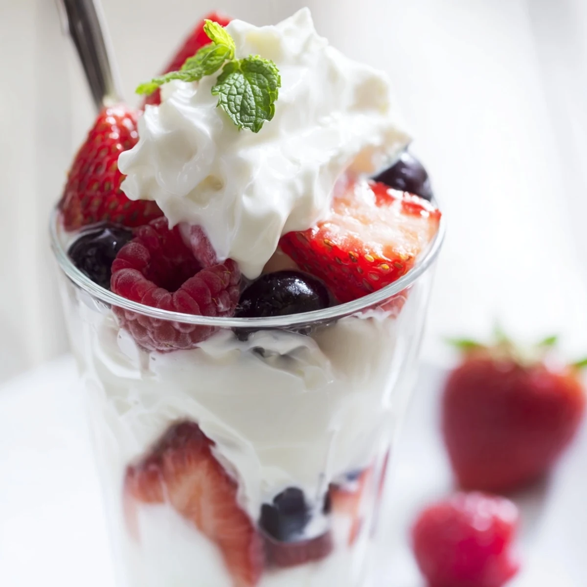 A layered Berry Parfait with creamy whipped topping, bursting with fresh, juicy berries.