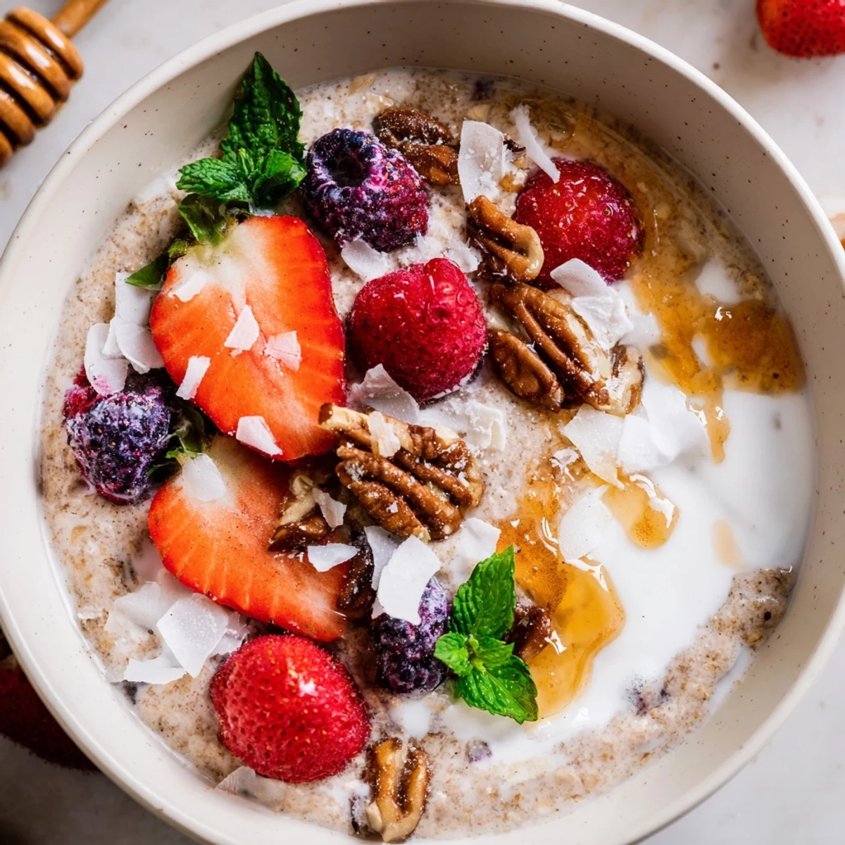 Creamy overnight oats with berries and honey, a refreshing breakfast bowl bursting with fresh fruit and sweetness.