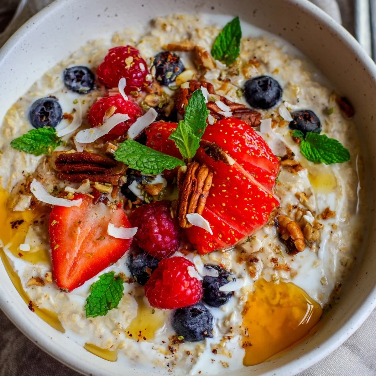 Imagine a vibrant photo of overnight oats with berries and honey, a delightful breakfast treat, cold and ready.