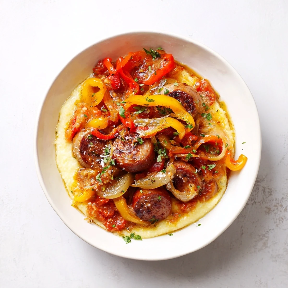 Juicy Italian Herb-Cozy Skillet Sausage and Peppers atop soft polenta, savory and comforting.