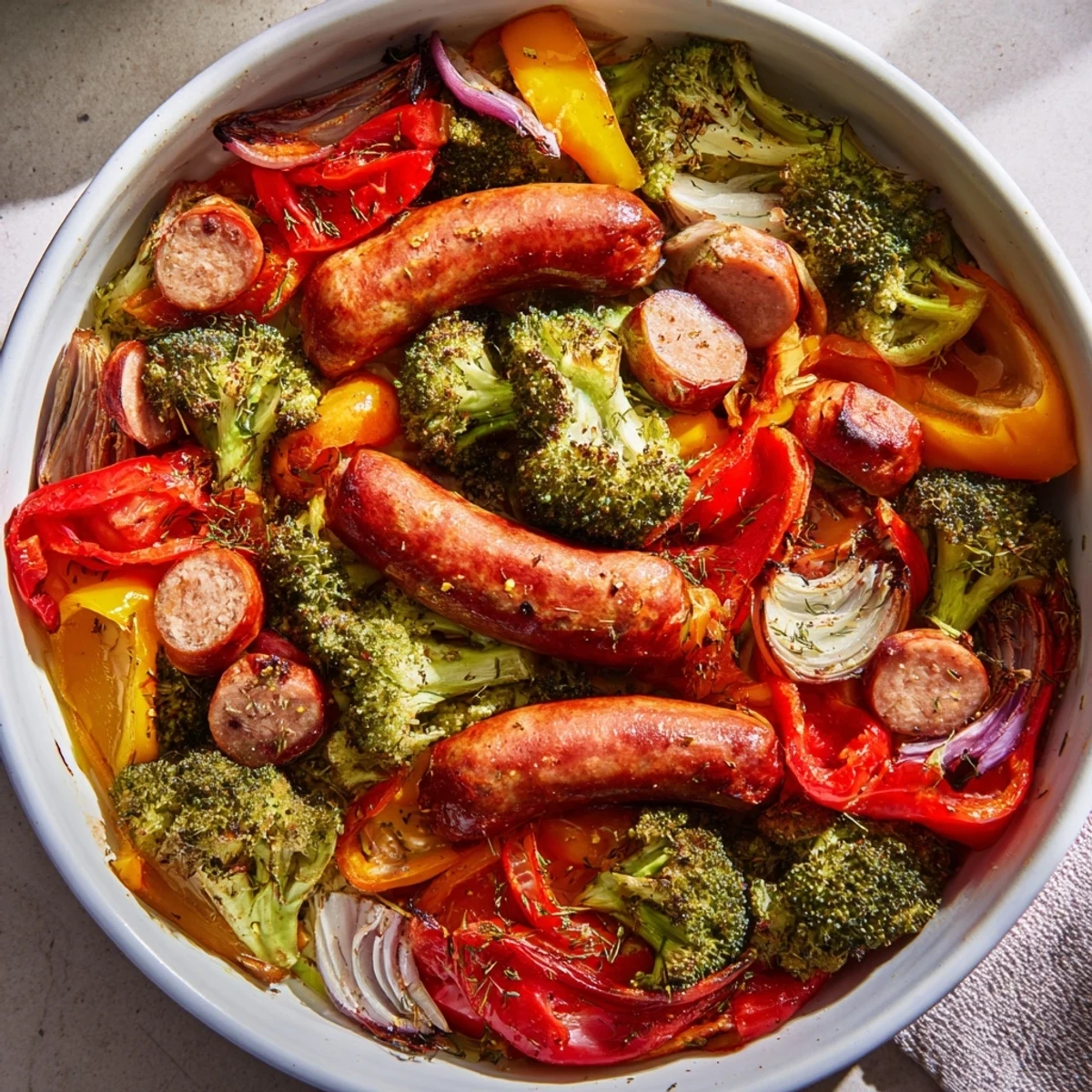 Golden-brown Simple Rustic Sheet-Pan Sausage with tender vegetables ready for a satisfying, easy dinner.