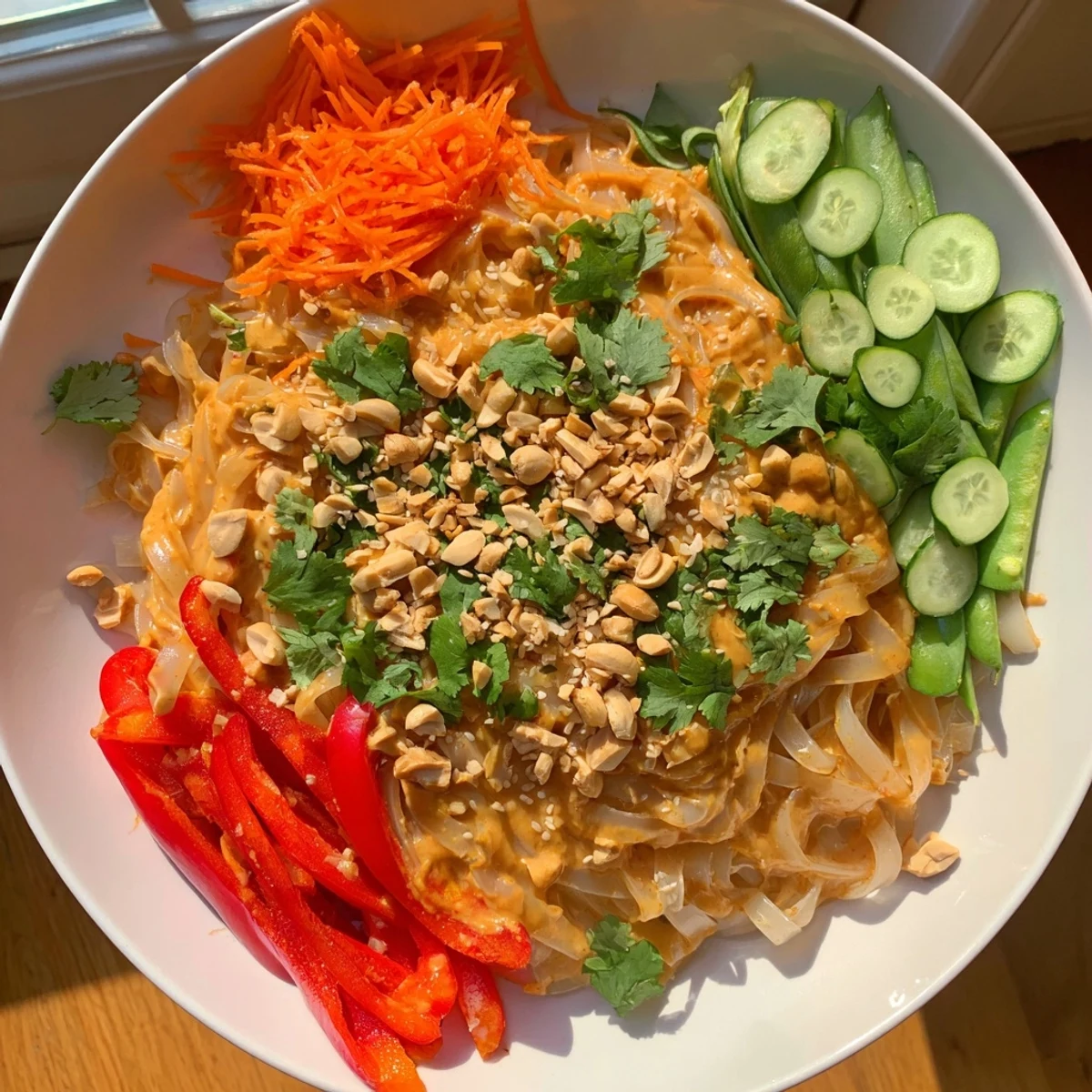 A colorful bowl of Spicy Peanut Noodle Salad, glistening with a creamy, flavorful dressing.