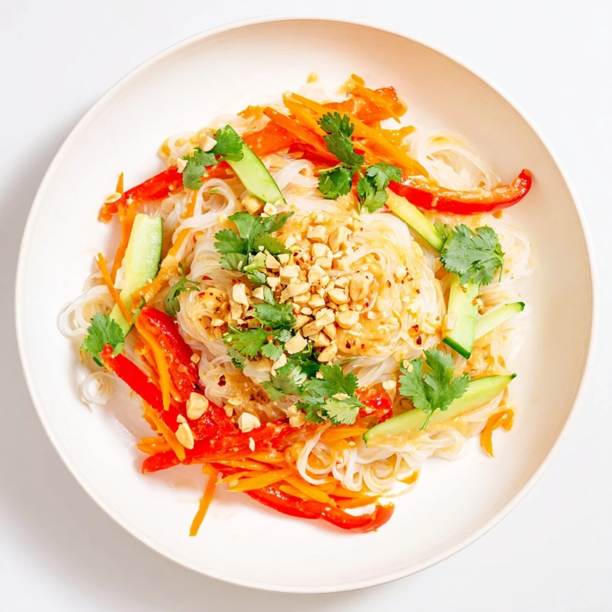 Close-up of Spicy Peanut Noodle Salad, showcasing crunchy peanuts and fresh cilantro garnish, ready to eat.