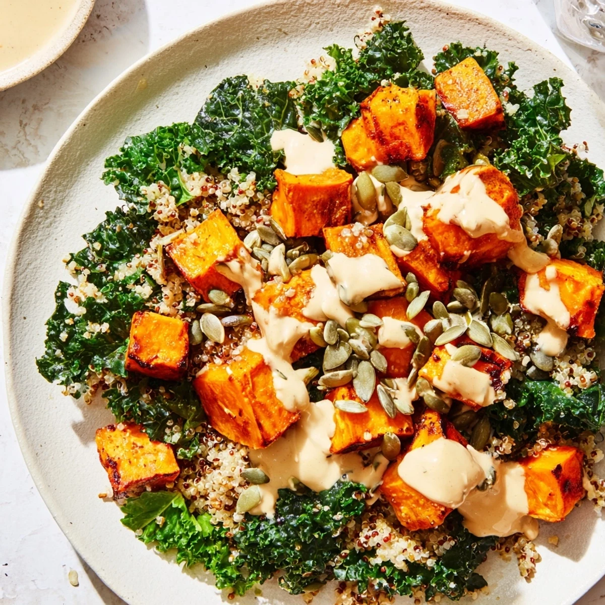 Light Coastal Bowl: a colorful plate of quinoa, sweet potatoes and kale with bright dressing.
