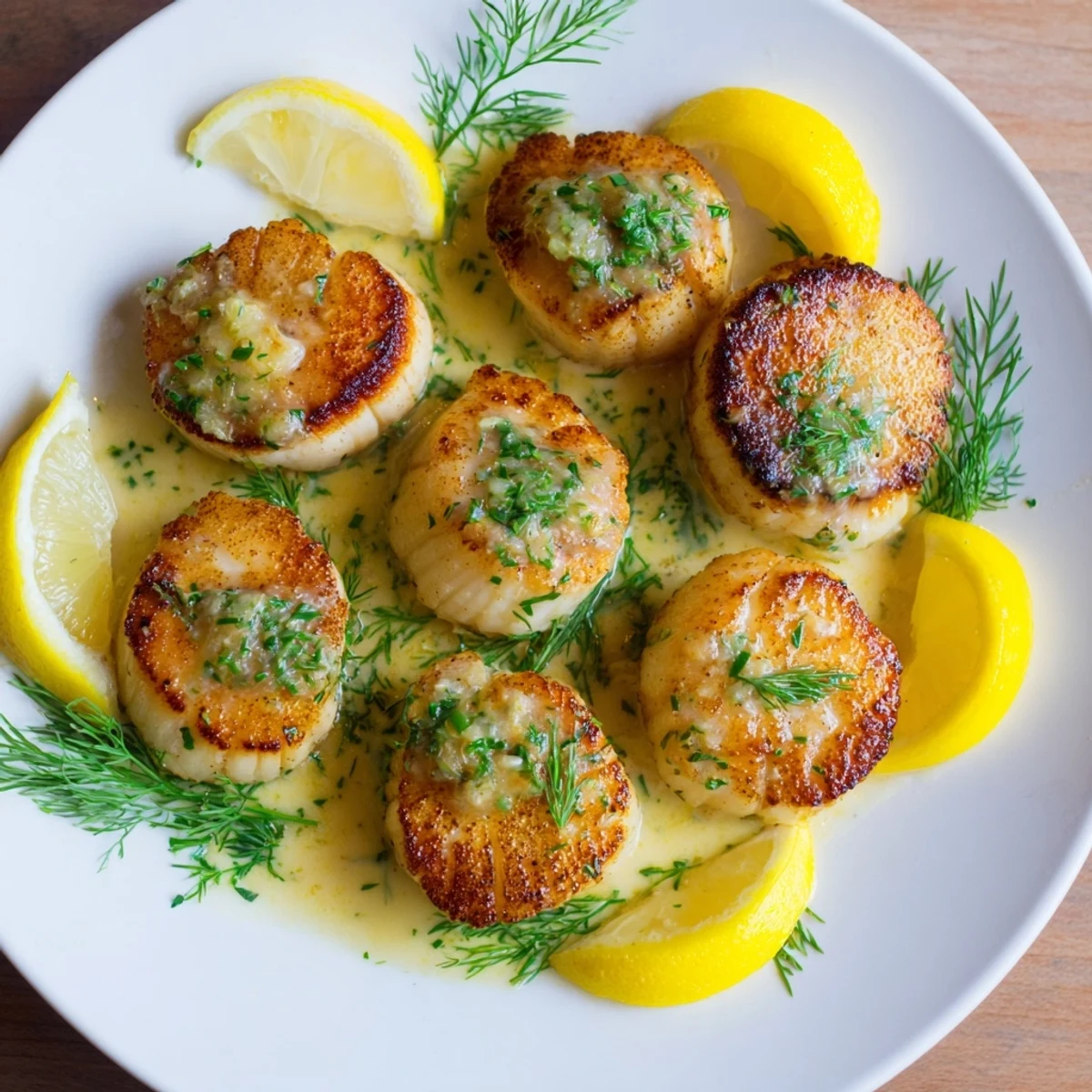 Golden-brown Harbor-Style Seared Scallops, glistening with melted lemon-dill butter, ready to be enjoyed.