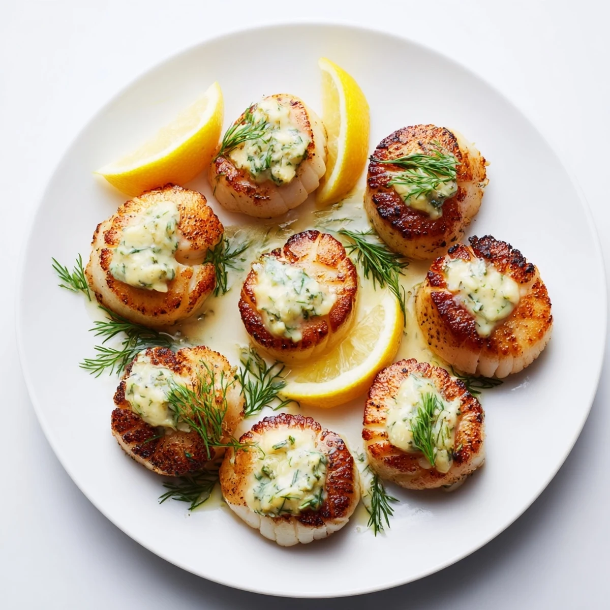 Delicious Harbor-Style Seared Scallops, perfectly cooked and topped with vibrant lemon-dill butter after searing.
