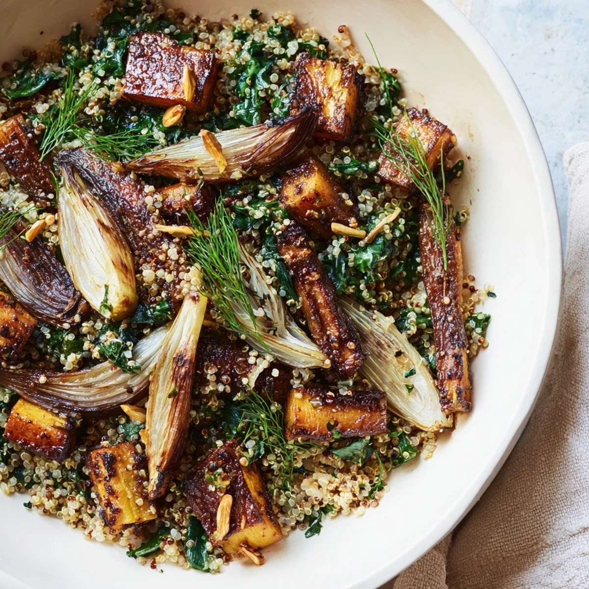 A vibrant Warm Herb Bowl with colorful roasted root vegetables, thyme, and tarragon, ready to eat.