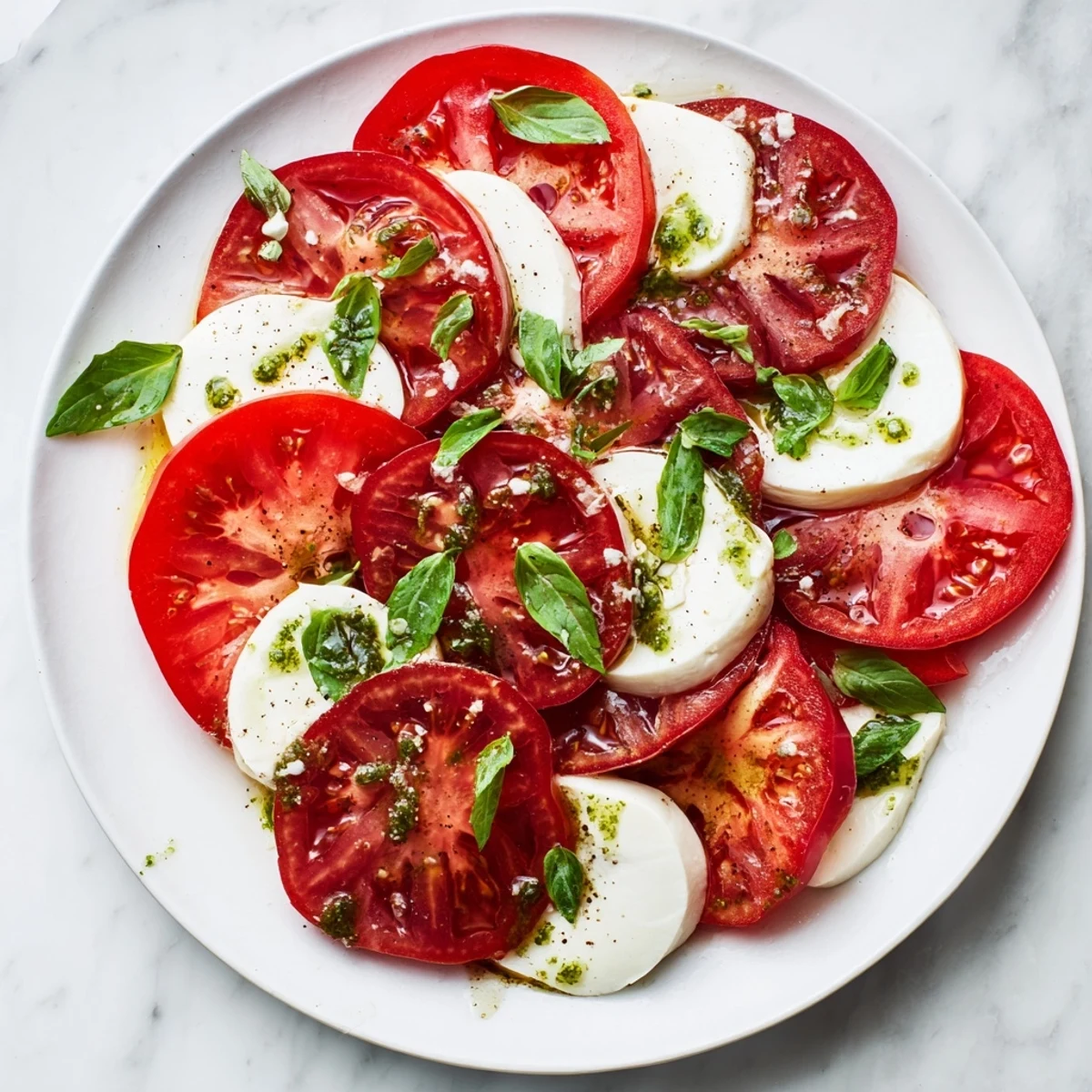 Fresh, colorful Caprese salad with basil vinaigrette, showcasing juicy tomatoes and creamy mozzarella.