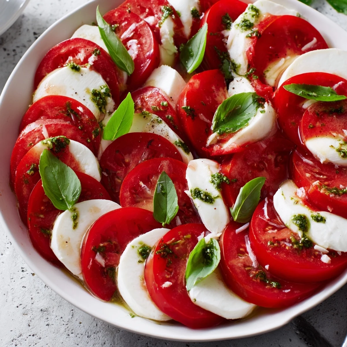 Close-up of a vibrant Caprese salad drizzled with basil vinaigrette, ready to be enjoyed.