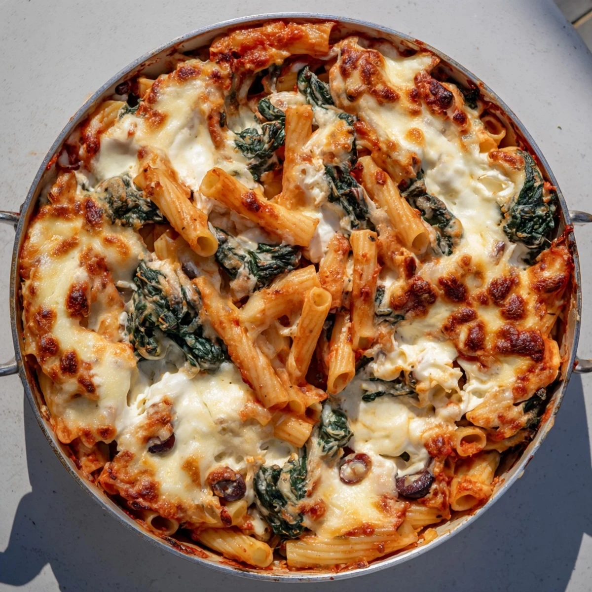 Warm Olive Baked Ziti, a bubbling, cheesy casserole with olives and spinach visible.