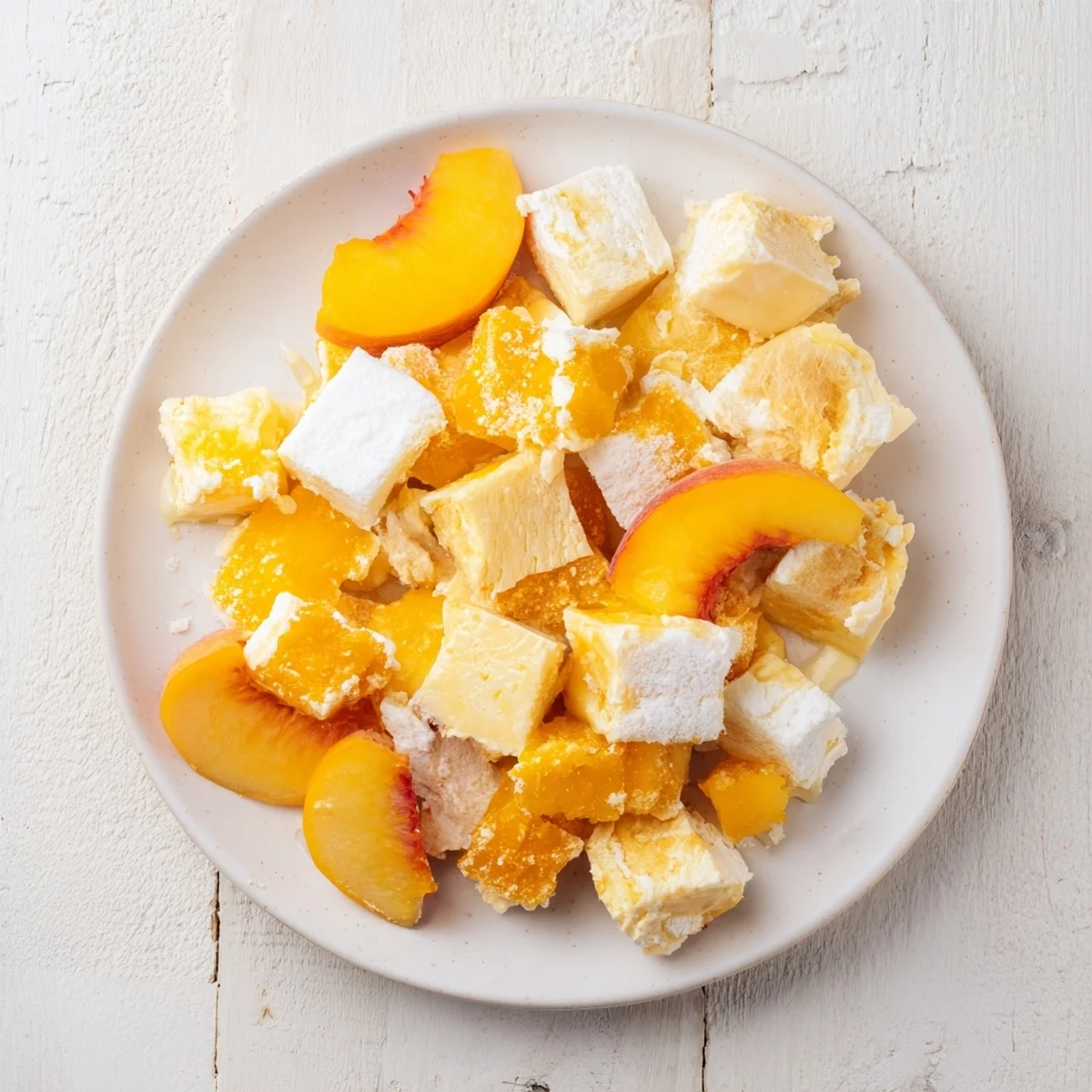 Warm Peach and Ginger Crumble, bubbly and golden, showcasing juicy peaches and a buttery crumble topping.