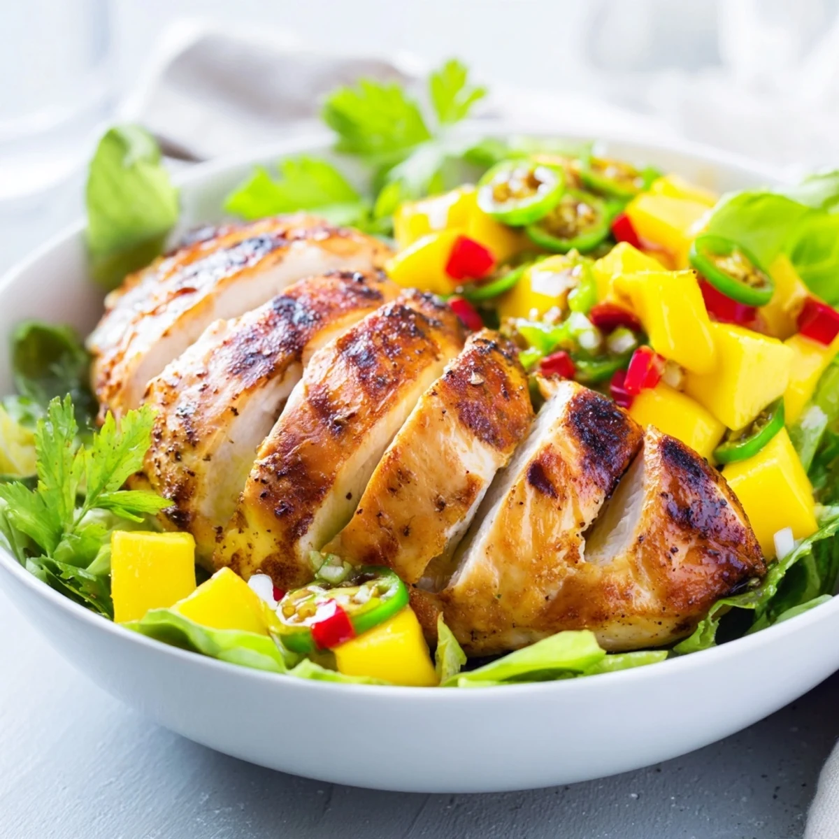 Fresh and flavorful Chicken and Mango Salsa Lettuce Wraps, featuring juicy chicken and colorful salsa, ready to eat.