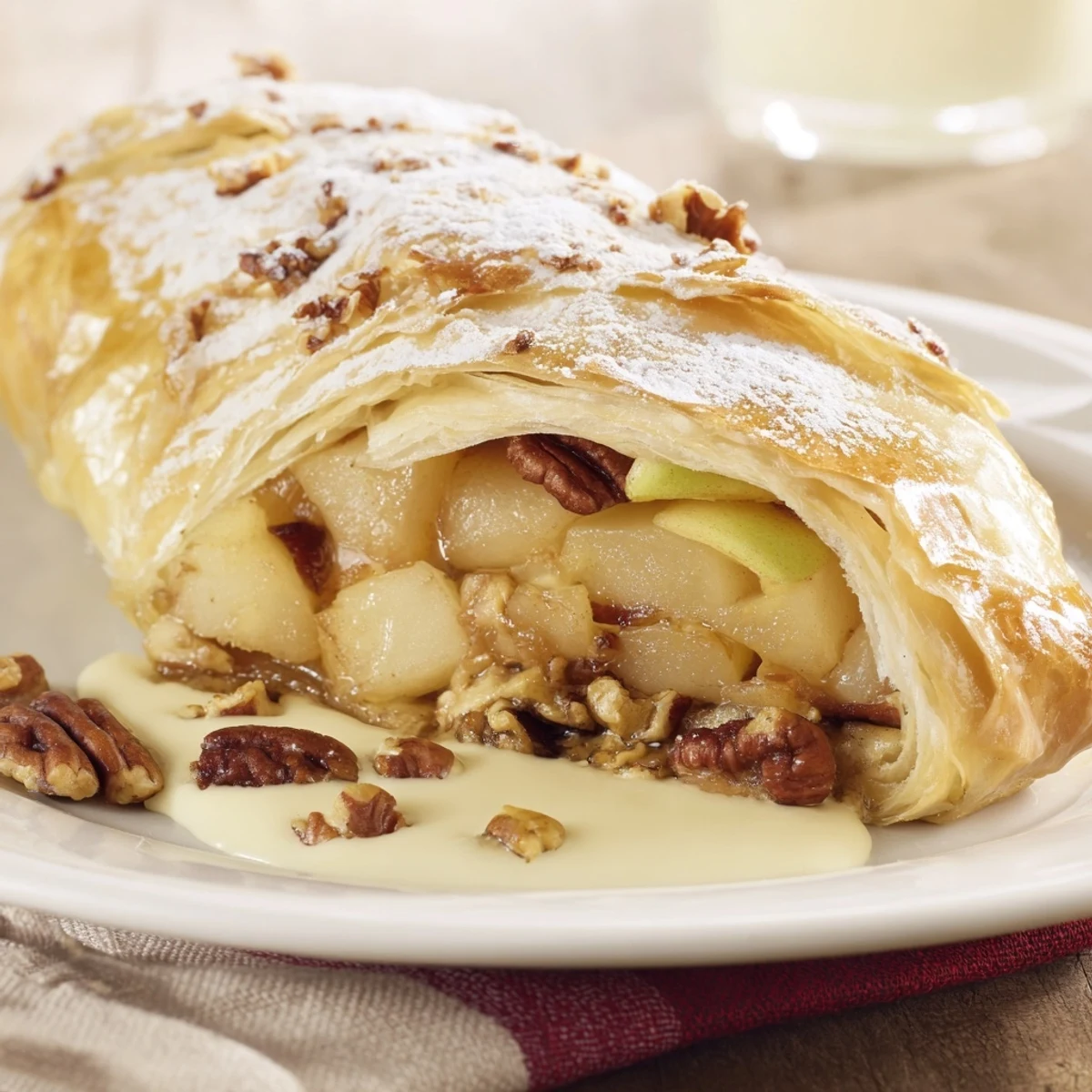 Slice of Apple Strudel revealing the spiced apple filling, ideal treat for a cozy gathering.