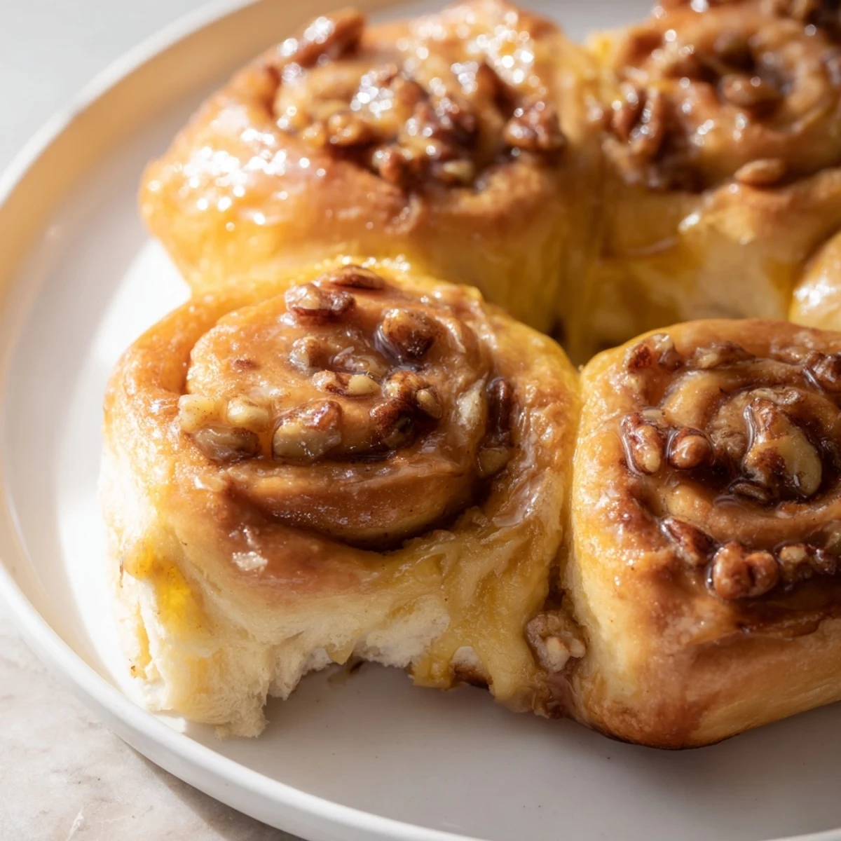 Golden-brown Maple Pecan Sticky Buns drizzled with glossy maple syrup, ready to enjoy for breakfast.