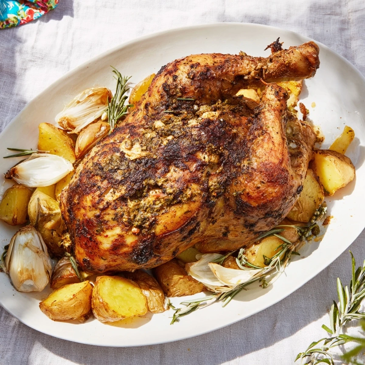 A rustic and flavorful image of Roast Chicken with Rosemary and Garlic, ready to serve for dinner.