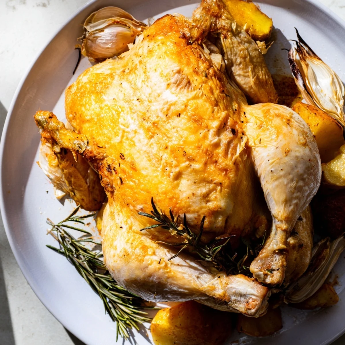 Juicy Roast Chicken with Rosemary and Garlic glistens alongside roasted vegetables and rich pan juices.