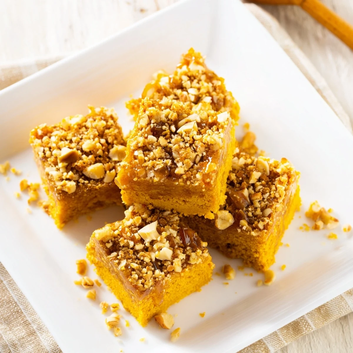 Warm, inviting shot showing fresh baked Light Sweet Hazel Treats: Hazelnut and Honey Cake Squares, ready to serve and enjoy.
