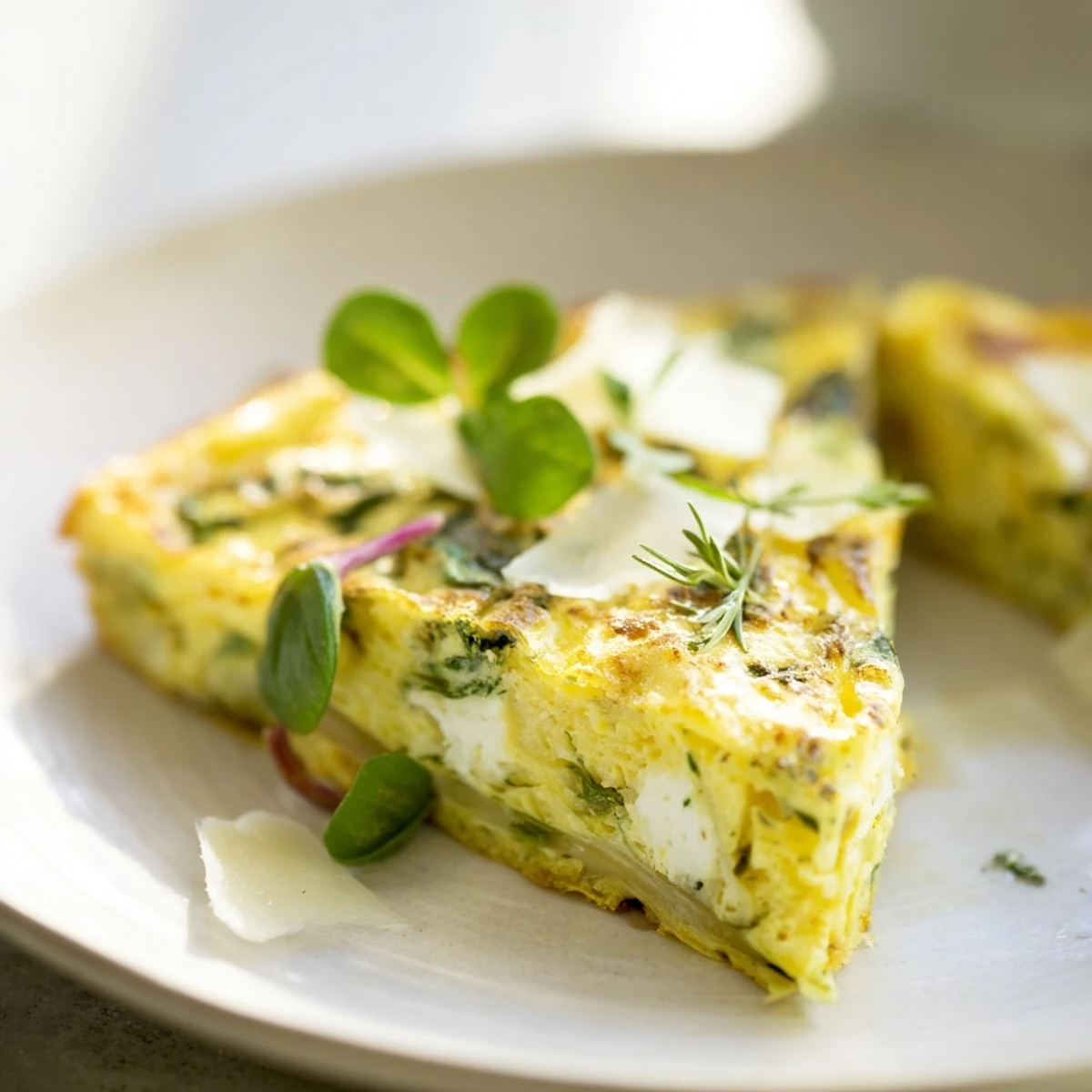 Fluffy Meadow-Soft Cozy Plate: Frittata with Spring Greens and Goat Cheese, speckled with fresh herbs and creamy cheese, perfect for a meal.