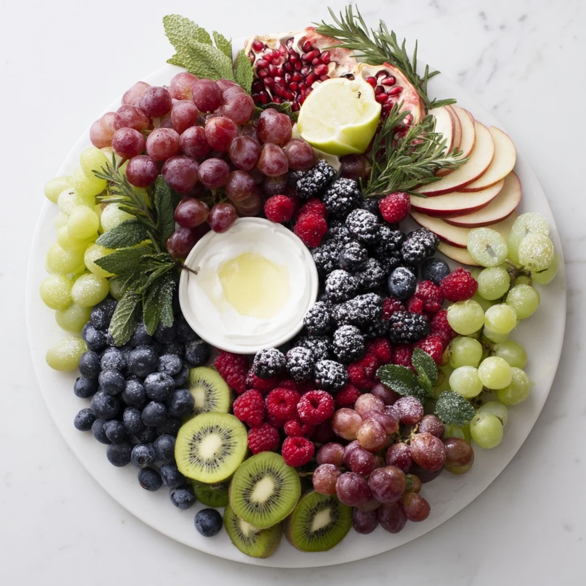 Vibrant Winter Berry Wreath Fruit Board, a colorful holiday appetizer overflowing with fresh, juicy fruits.