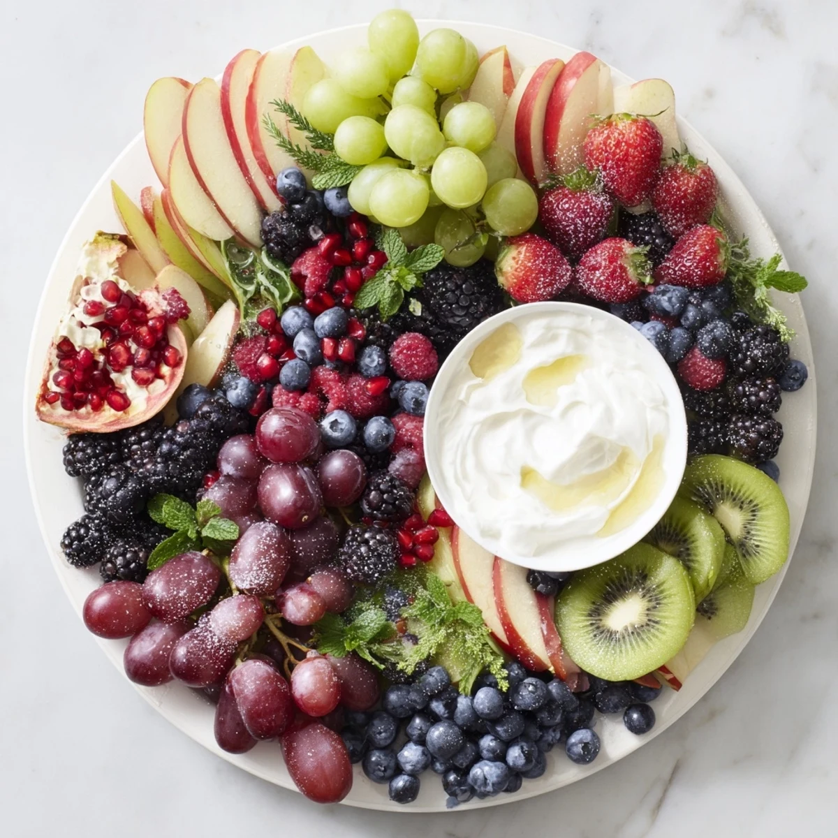 A stunning, ring-shaped Winter Berry Wreath Fruit Board, perfect for a party, bursting with seasonal berries and kiwi.