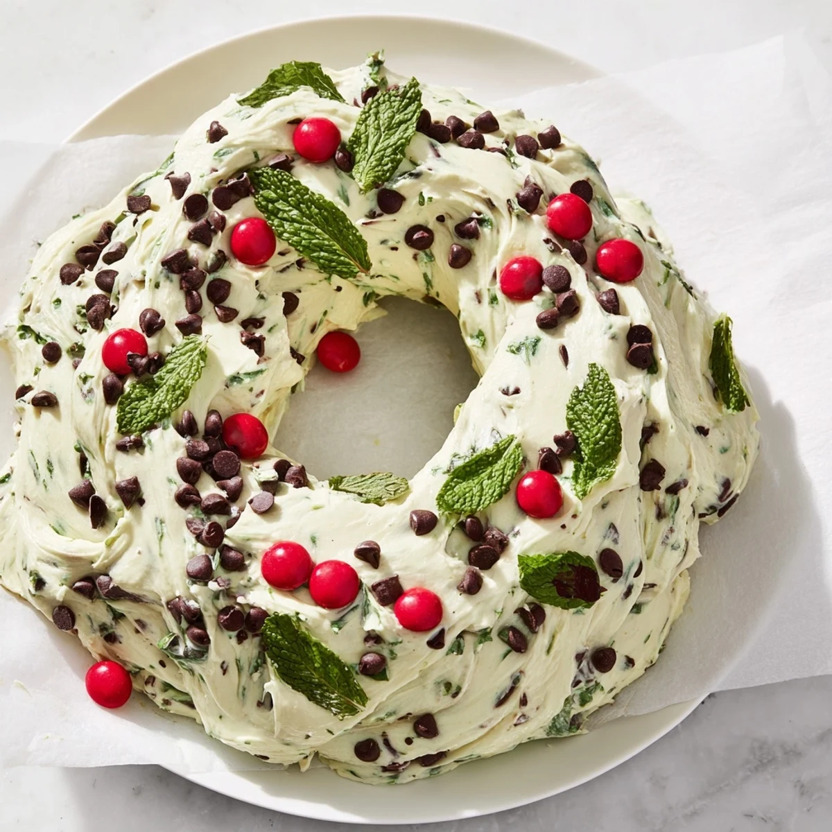 Creamy Mint Chocolate Chip Dip Wreath, studded with chocolate chips, ready to dip cookies.