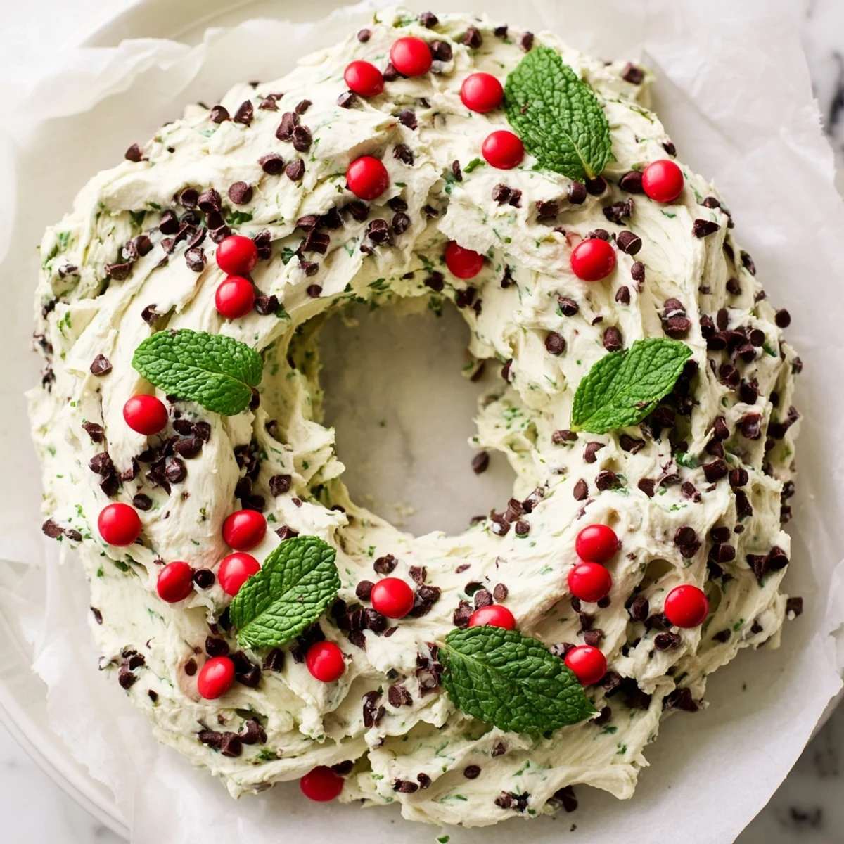 A decadent, cool, and green Mint Chocolate Chip Dip Wreath, surrounded by cookies and pretzels.