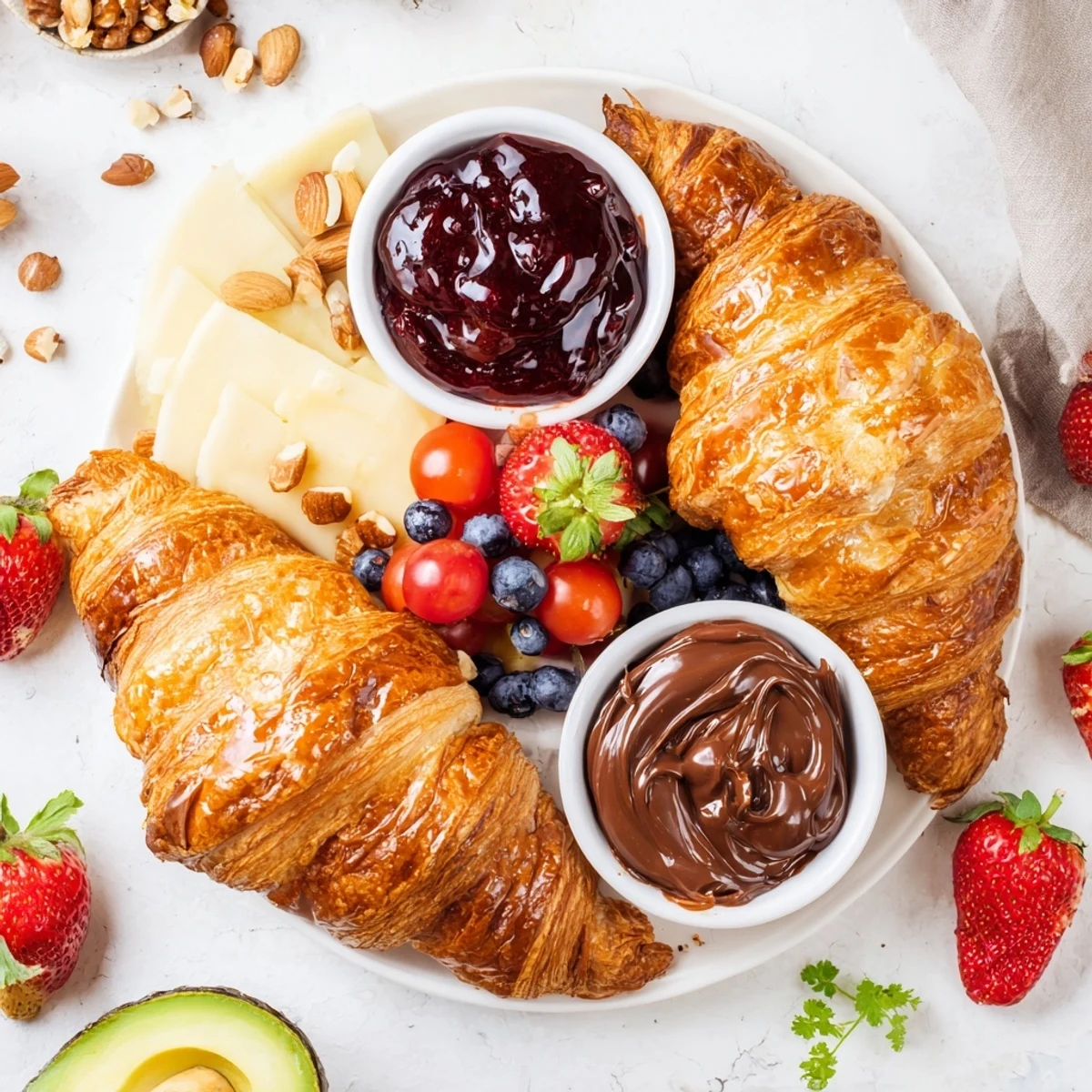 Flaky croissants on a Cozy Fireplace Croissant Board with vibrant berries and creamy cheeses.