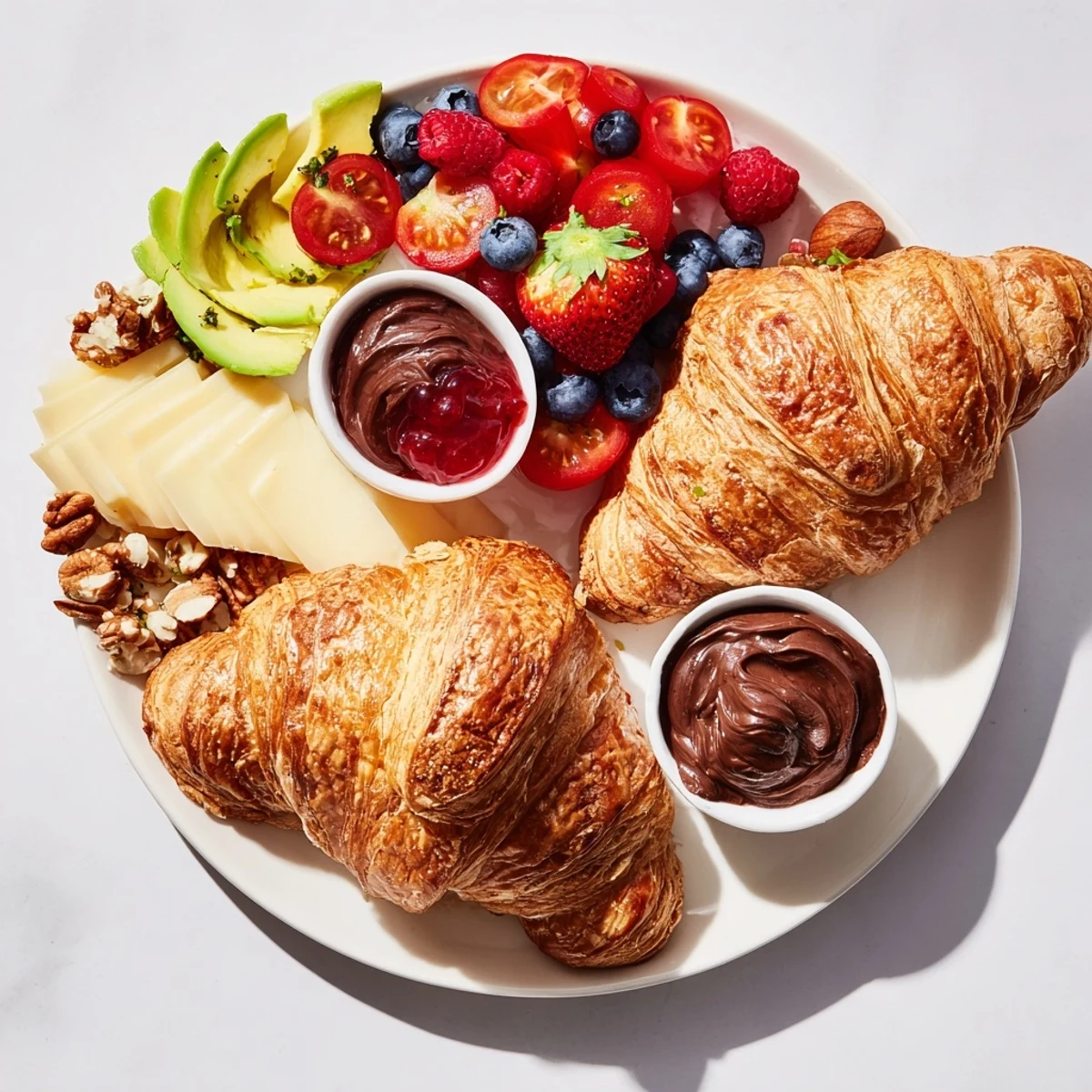 A beautifully arranged Cozy Fireplace Croissant Board featuring warm croissants, jam, and nuts, ready to enjoy.