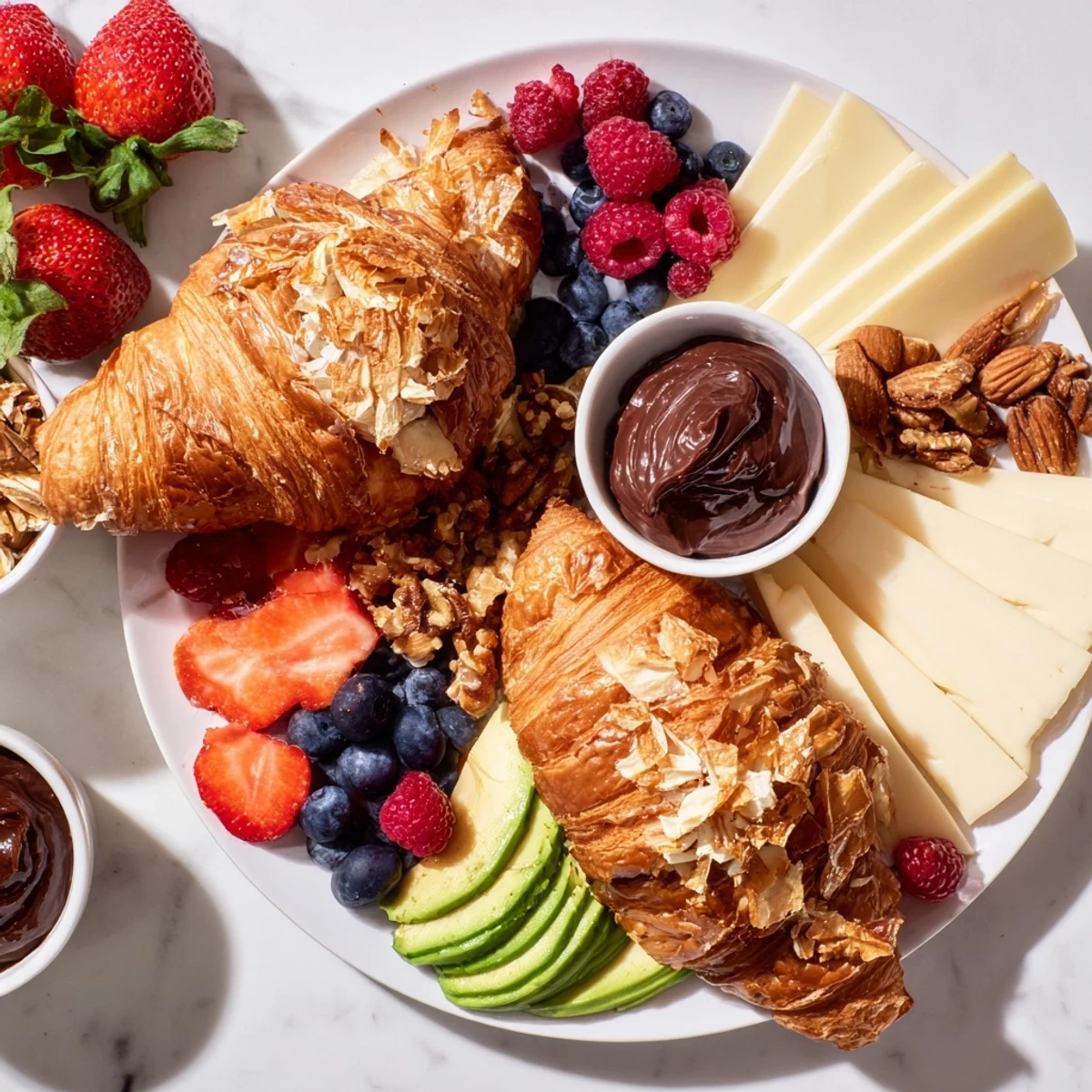 Indulge in a Cozy Fireplace Croissant Board—a perfect brunch with assorted sweets, cheeses, and freshly baked croissants.