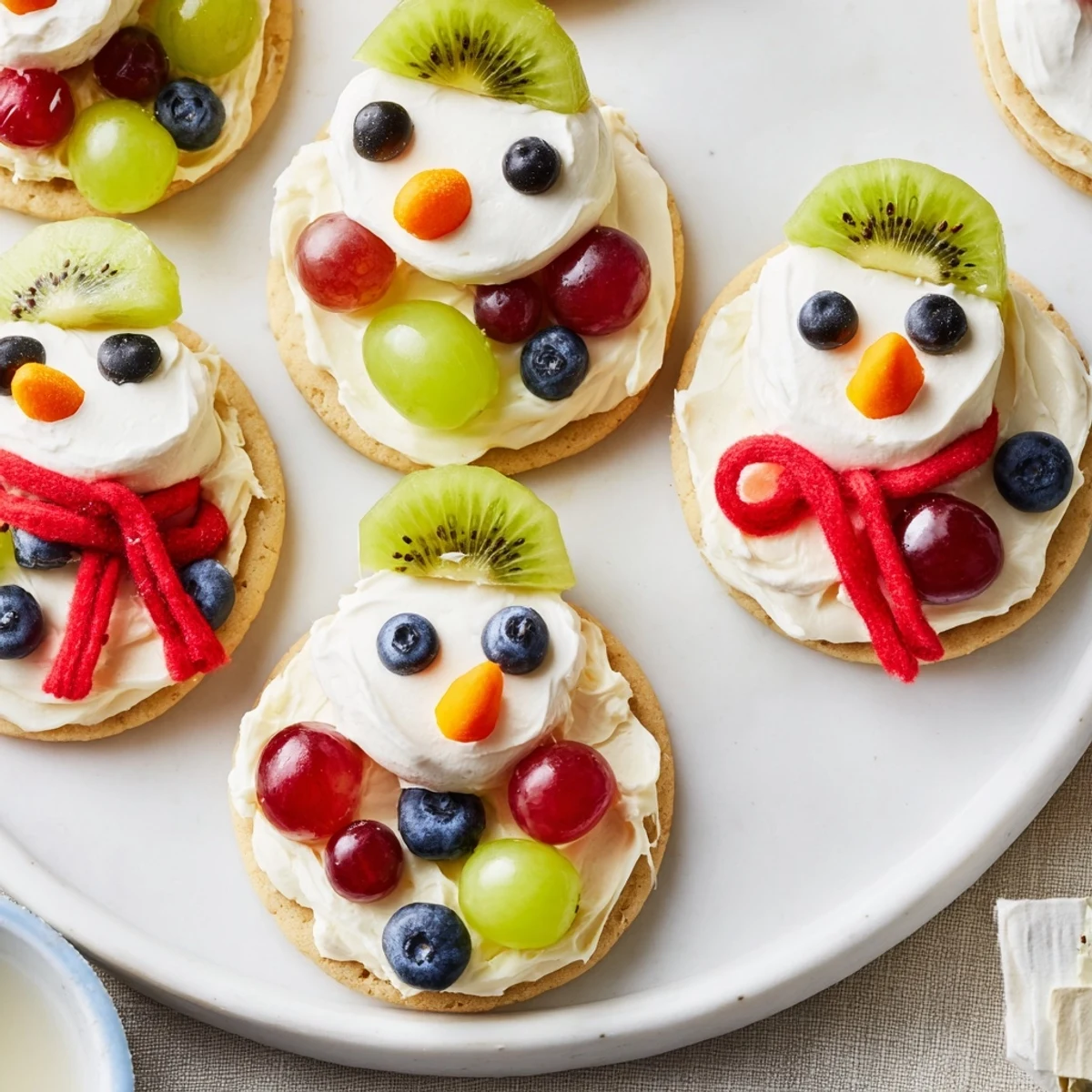 Melting Snowman Fruit Pizza gleams with white frosting, ripe fruit, and friendly snowman faces.