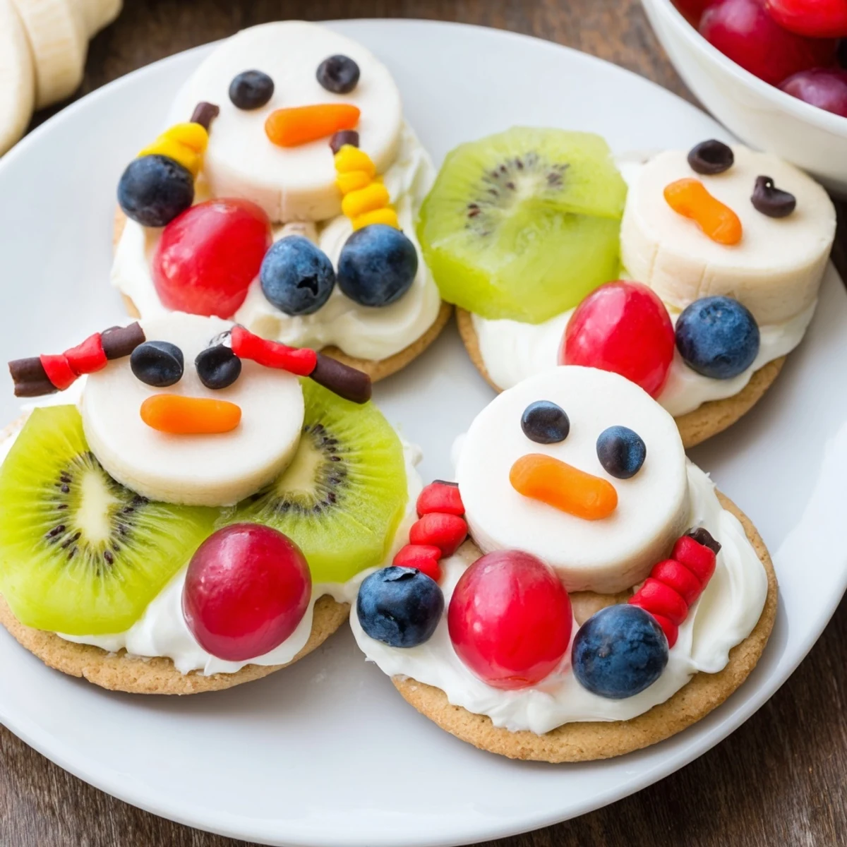Fresh blueberries and strawberries dot a festive Melting Snowman Fruit Pizza, perfect for a winter treat.