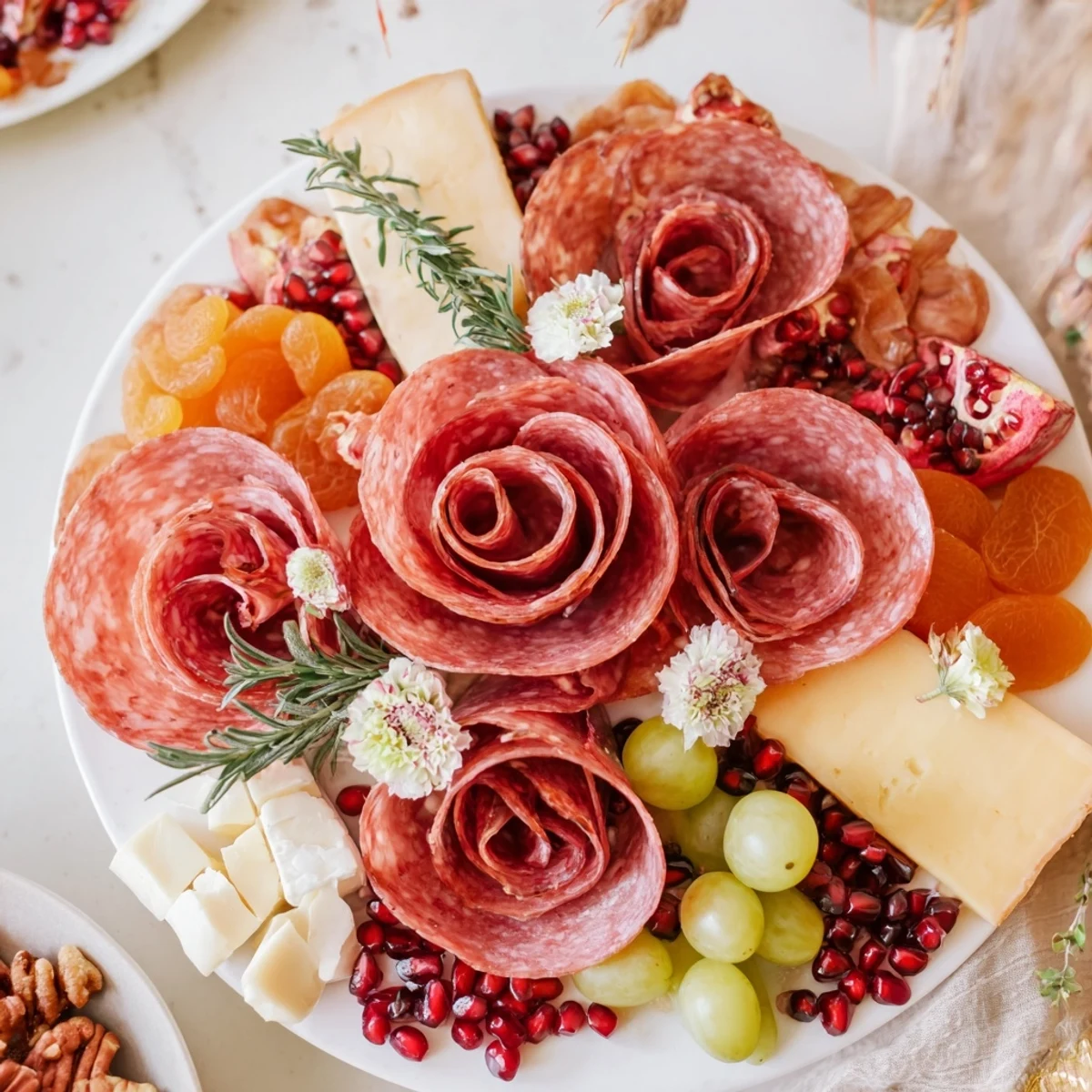 Elegant charcuterie meat rose bouquet overflowing with cured meats, cheeses, and fresh garnishes for entertaining.