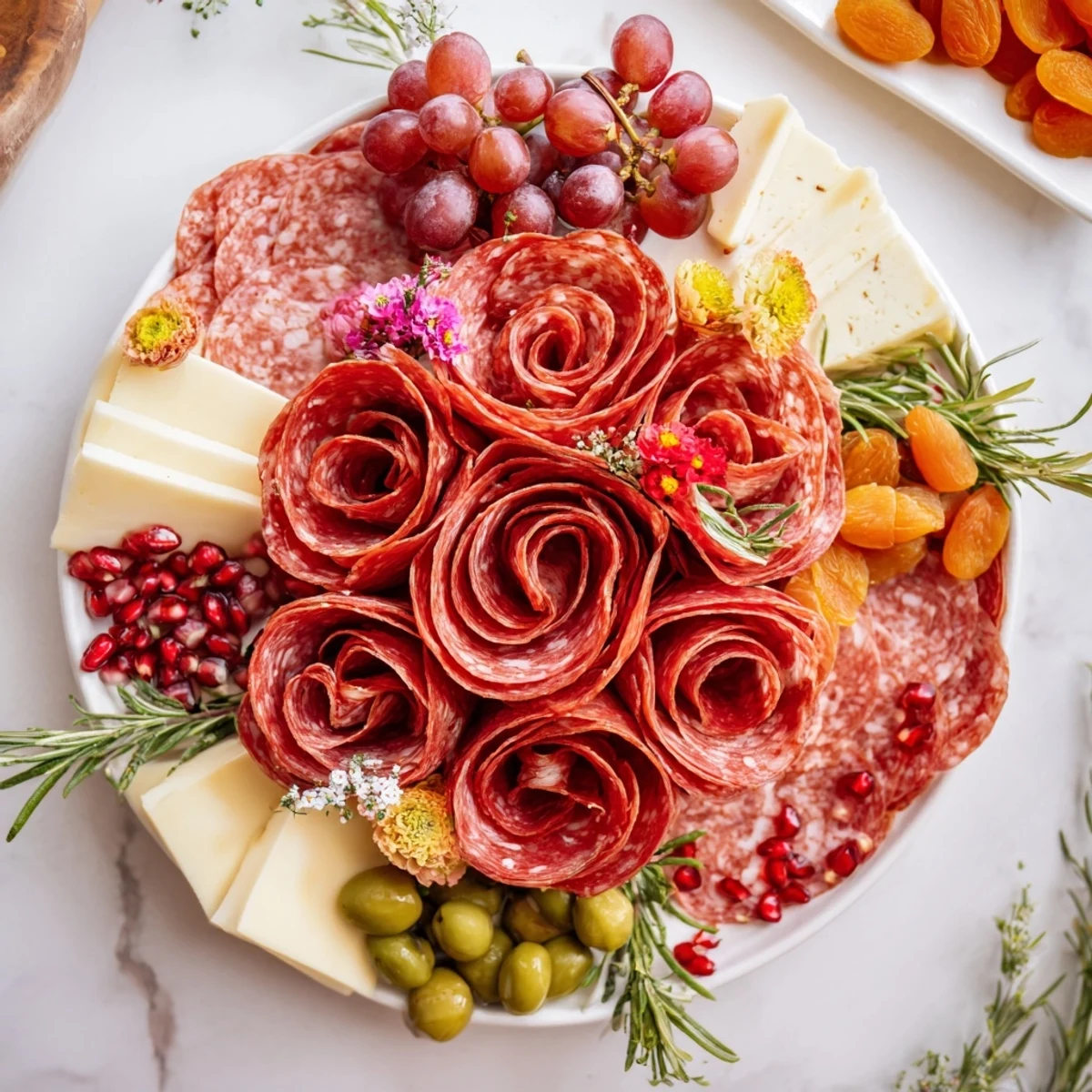 Festive holiday charcuterie board featuring salami, prosciutto, and capicola meat roses, ready to serve with crackers.