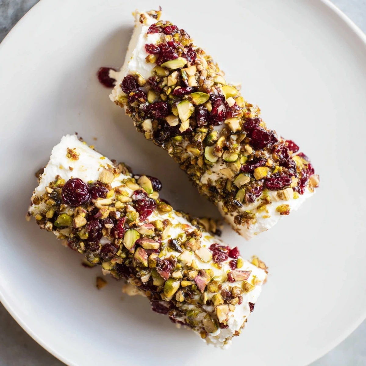 A close-up of festive Cranberry Goat Cheese Logs, showcasing the creamy cheese and colorful topping combination.