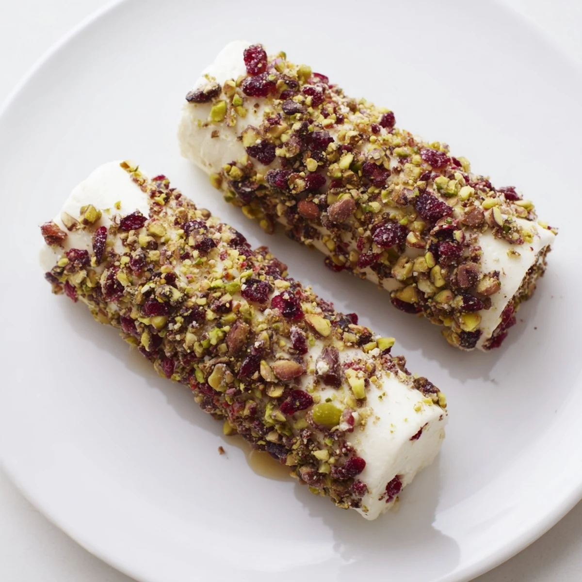Delicious Cranberry Goat Cheese Logs on a serving board with honey drizzle, inviting guests to sample.