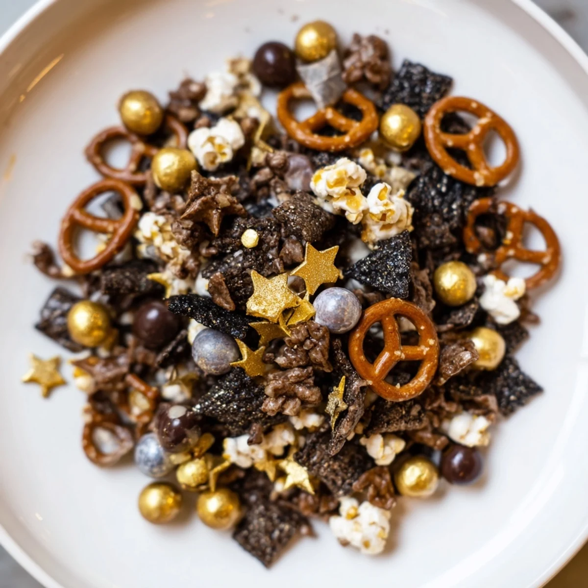 Golden and black Midnight Snack Mix, a crunchy, sweet & salty treat ready for New Year's Eve.