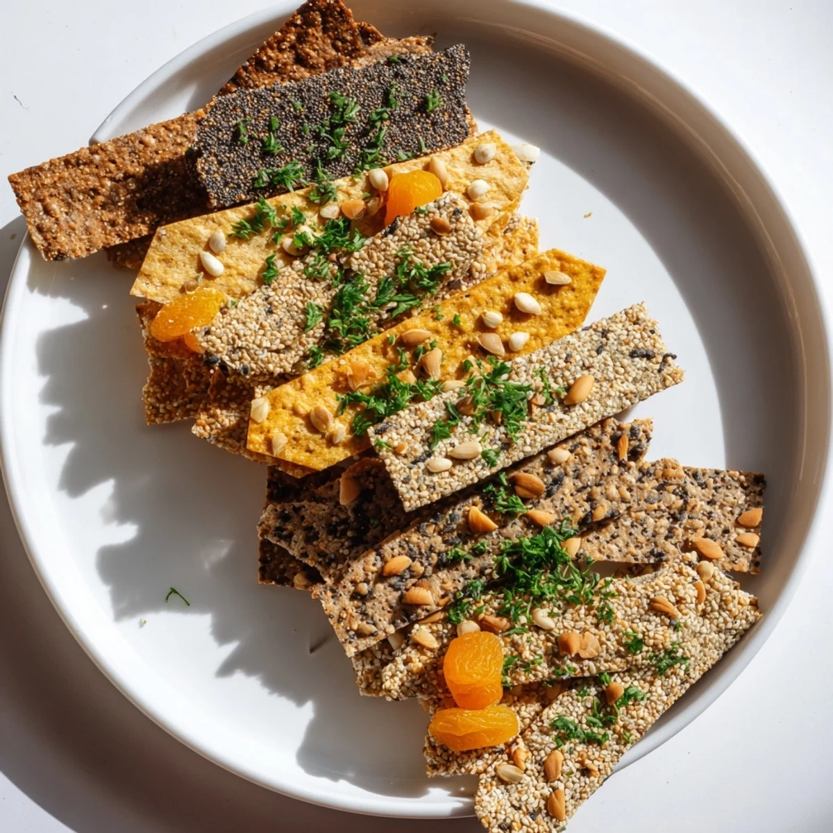 Sensory delight: A layered fan of gourmet crackers, perfect for easy snacking with flavorful textures and tastes.