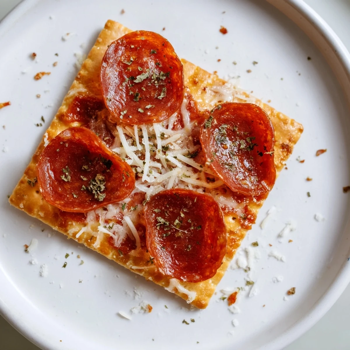 Savory Bites: Pepperoni stacked on square crackers with melted mozzarella and perfectly crisp edges.