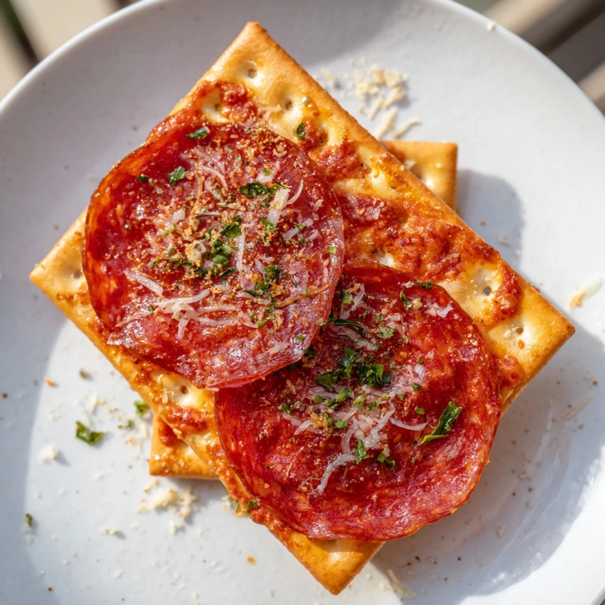 Easy appetizer: Golden cheese bubbles on pepperoni, layered on crackers, offering a warm and cheesy bite.