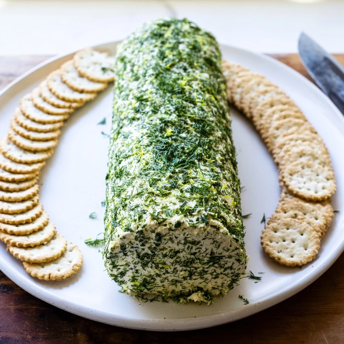 Herb-coated cheese log with vibrant green herbs, ready to be spread on crispy crackers.