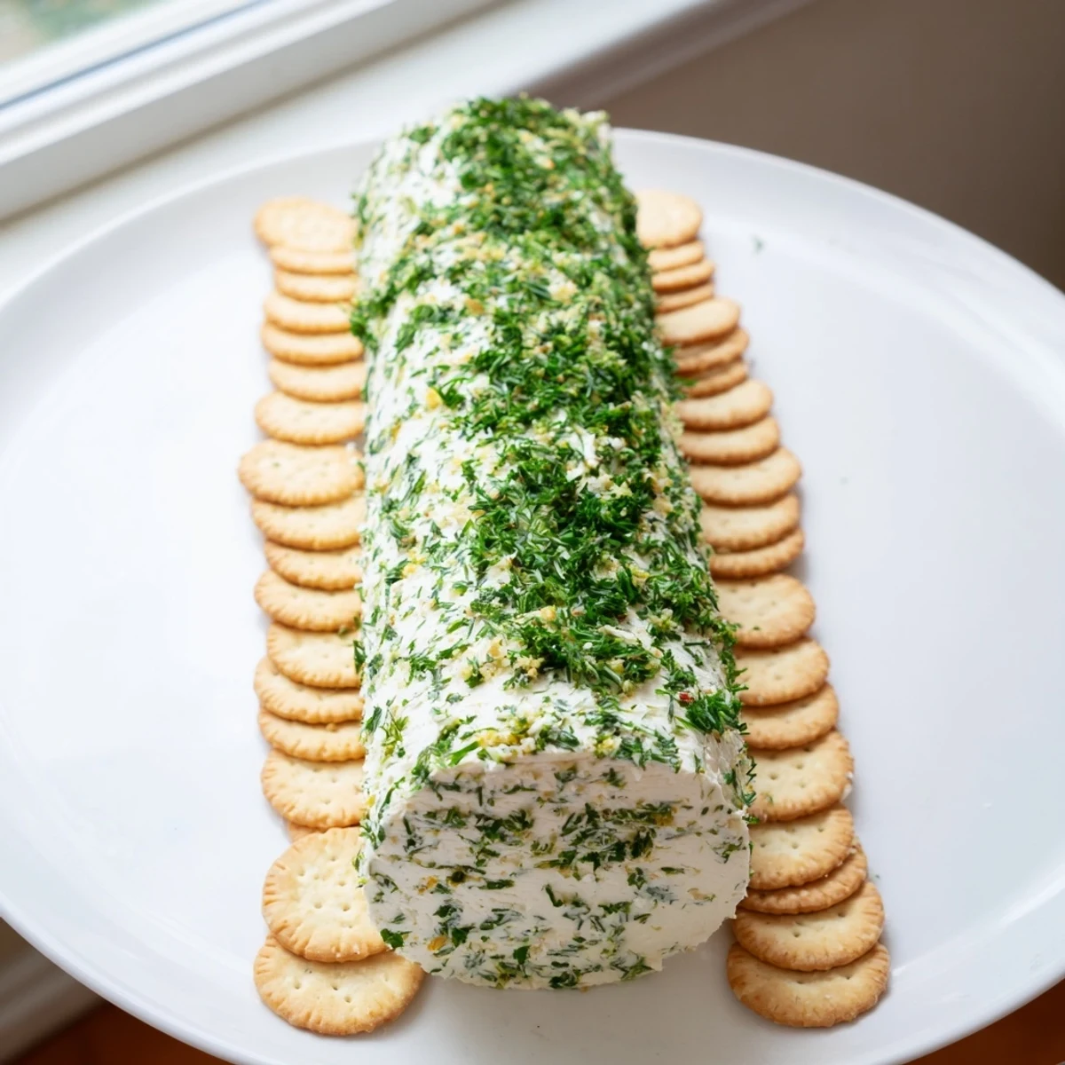 Freshly made herb-coated cheese log, a beautiful appetizer perfect for parties, with various crackers.