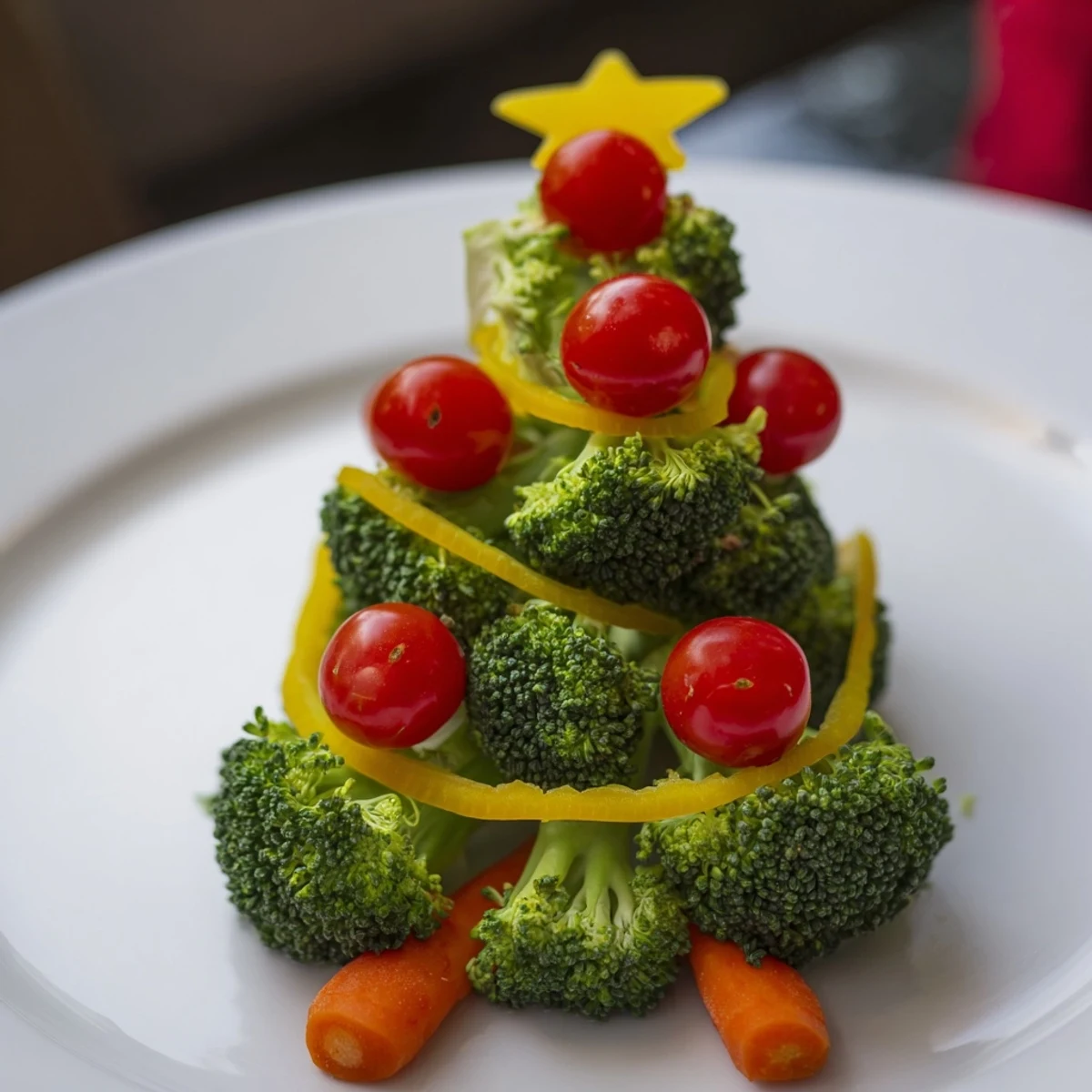 Close-up of a Broccoli Tree appetizer with cherry tomato ornaments, ready for serving guests.