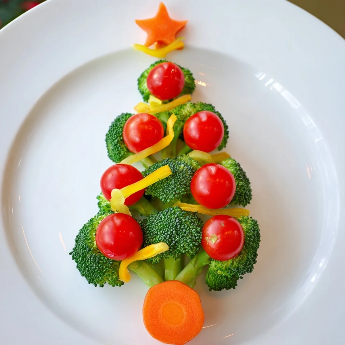 Festive Broccoli Tree with vibrant cherry tomatoes, a healthy and colorful appetizer option.