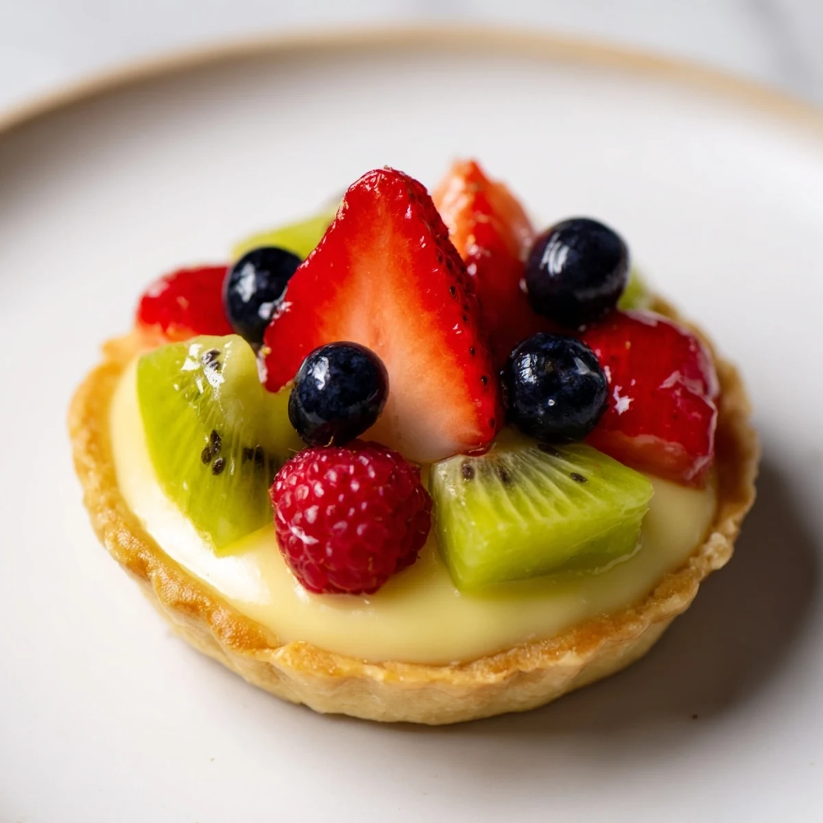 Mini Fruit Tartlets arranged in a circle: vibrant fruit atop creamy filling in buttery tart shells.